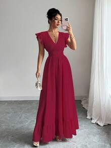 BOS Women's Holiday And Beach Maxi Dress With Ruffled Hem, Burgundy - Red - View 1