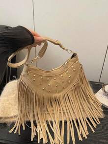 1 buah Tas Selempang Minimalis Unik Warna Polos, Bahan Suede Khaki Halus, Resleting Halus, Hiasan Rivet dan Rumbai, Cocok untuk Wanita - Khaki - View 9