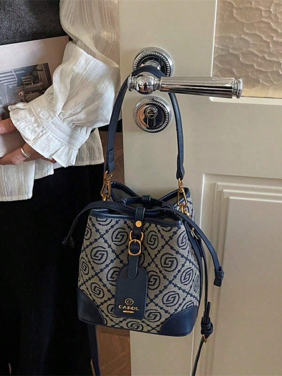 Fashionable 2026 Design Print Bucket Bag, Stylish Crossbody Shoulder Bag, Burgundy Color - 玫瑰金 - 查看 1