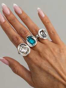 3pcs Designer Ins Style Acrylic Rhinestone Rings For Women, Fashion Metal Knuckle Ring - Multicolor - View 1