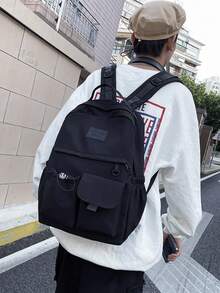Pure Black Casual Backpack, Waterproof Nylon Fabric, Side Drawstring Pocket, Minimalist Style, Suitable For Teenagers Travel And Daily Use - Black - View 4