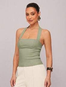 Camisola  para Mujer, de Color Sólido, con Cuello Halter y Espalda Descubierta, para Verano - Albaricoque - Ver 19