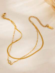1pc Minimalist Versatile Stainless Steel 18K Gold Layered Zirconia Anklet, Suitable For Women's Daily Commute, Vacation, Travel, Versatile Jewelry - Gold - View 5