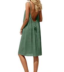 Vestido corto tirantes espalda descubierta seda fría liso 2026 mujer estilo europeo-americano, playa vacaciones - Burdeos - Ver 10