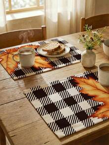 2/4/6pcs Thanksgiving Autumn Placemats Plaid Autumn Maple Leaf Heat Resistant & Easy To Clean Table Mats Suitable For Kitchen, Dining Table, Coffee Bar - Black and White - View 2