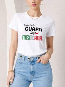 Playera Casual Mujer Estampado Deja Tu Lo Guapa Soy Mexicana Camiseta Corte Regular Cuello Redondo Manga Corta Diseño Identidad Tipografía Creativa Colores Patrios Divertida Humor - Blanco - Ver 1