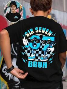 Streecool Kids' Casual And Creative T-Shirt With Digital, Cartoon, And Lightning Bolt Designs. Comfortable Short-Sleeved Basic T-Shirt For Spring, Summer, And Fall. Size 5T. - 紅色和黑色 - 查看 1