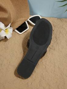 Women's H-Strap Flat Sandals Square Toe Casual Slippers Summer Vacation Essential Beach Solid Color Bohemian - Black - View 3
