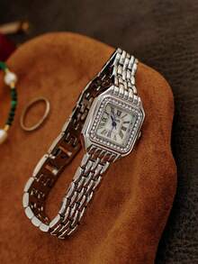 1pc New French Elegant Fashion Rhinestone Waterproof Women's Watch, Retro Casual Exquisite Square Dial Quartz Watch, Stainless Steel Band, Gold And Silver Color Options, Suitable For Daily Life And Outings - Silver - View 3