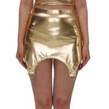 Vestido para espectáculos con falda de cuero patentado con relieve dorado, diseño original y brillante, estiliza y favorece la figura para discotecas.‌Ropa de Fiesta, Dropshipping Disponible - Dorado - Ver 2
