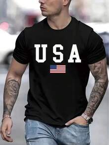 Camiseta informal de manga corta para hombre con estampado gráfico de estilo americano, paquete de 1, 100 % algodón grueso - cuello redondo cómodo, camiseta suave y bonita. - Negro - Ver 1