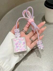 5件組紫色蝴蝶手機充電器套組，相容PD充電器 (20W/18W)，包含充電線保護套、充電器保護套、相容充電線保護套、充電器配件、手機配件 - 彩色愛心 - 查看 2