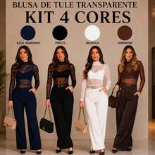 Set Of 4 Women's Long-Sleeved Tulle Blouses - Elegant And Modern With A Mock Collar - 四色套裝 - 查看 4