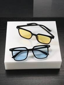 2 PCS Men's Classic Square Fashion Glasses Black Polycarbonate Frame Multicolor Lenses Casual Style Lightweight For Travel Outdoor With Glasses Box - Multicolor - View 3