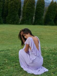 Nuevo vestido femenino top  de gasa monocolor sin mangas, volantes en escote V, ligero y elegante - Morado - Ver 3