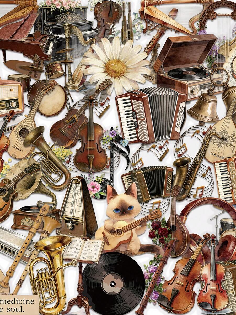 50 piezas Pegatinas de Instrumentos Musicales Retro de PET, para Scrapbooking, Portátil, Botella de Agua, Teléfono, Coche - Transparente - 1 Set - Ver 1
