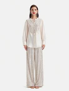 Rich Radi Q's Elegant Women's Round Neck Long Sleeve Blouse, Woven Fabric, Regular Length Fashion Top - Light Yellow - View 4