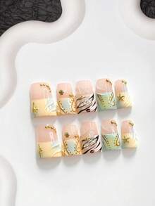 10pcs Island Vacation Style Handmade Press-On Nails, Polygel Nail Art Set, Shell, Starfish, Leopard Print, Floral, Yellow & Black Nail Polish, Sweet & Cool Style, Includes Nail Tools, 3 Sizes Available, Almond, Duck, Coffin Shape, Suitable For Party, Dancing, Daily Wear - 彩色 - 查看 20