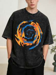 Men's Anime T-Shirt, Couple Flat Print, Washed Black, Harajuku Hip Hop Style, Round Neck, 6 Sizes Available, Casual Short Sleeve, Summer Top For Women - 黑色 - 查看 1