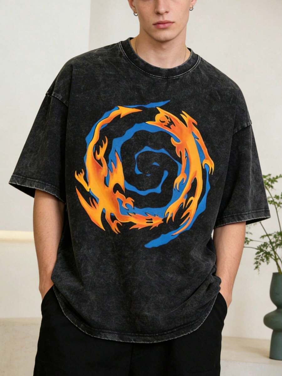 Men's Anime T-Shirt, Couple Flat Print, Washed Black, Harajuku Hip Hop Style, Round Neck, 6 Sizes Available, Casual Short Sleeve, Summer Top For Women - 黑色 - 查看 1