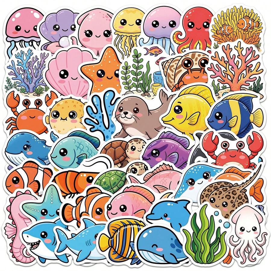 50 piezas de pegatinas lindas de vida marina con grafiti, peces de dibujos animados, tortugas, tiburones, corales y otros animales y plantas marinas, pegatinas de regalo para decoración, scrapbooking, adecuadas para botellas de agua, patinetas, equipaje, cuadernos, pegatinas para coche, suministros para fiestas temáticas - A - Ver 1