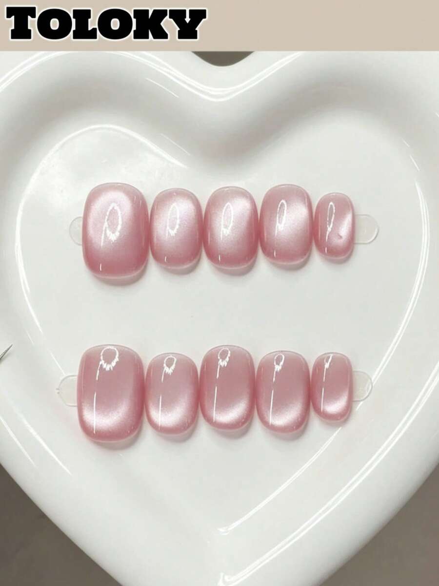 Toloky 短圓形裸粉色牛奶貓眼穿戴甲,極簡假指甲,簡約溫柔霧面珍珠光 Coquette 手工可重複使用假指甲片,適合辦公室日常休閒美甲、返校季 Y2K 風格夏季指甲、日常旅行度假 - 彩色 - 查看 1