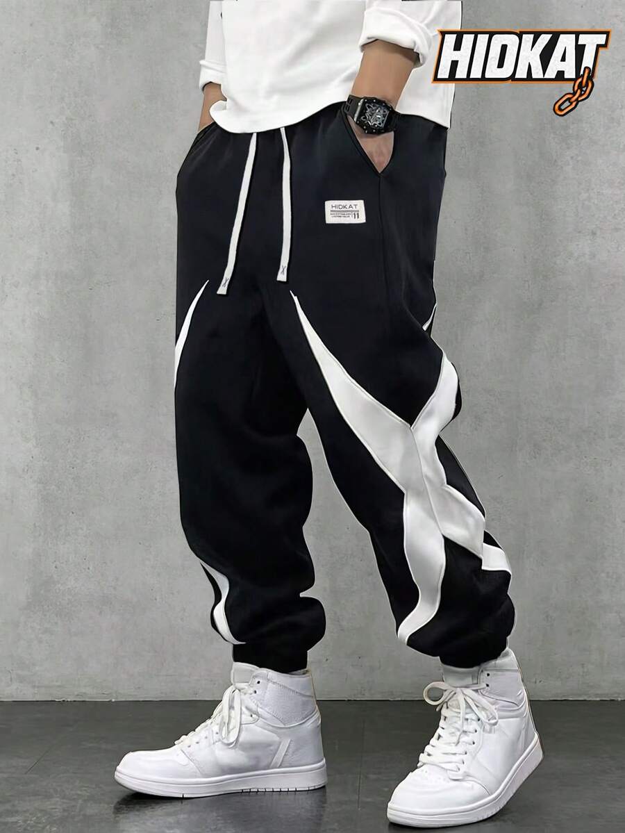 Men's Color Block Drawstring Waist Ankle Cuffed Casual Sweatpants, Spring Autumn Sporty Gym Boyfriend Style
