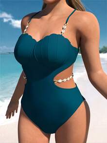 Bikini casual 2026, color sólido, copa concha, tirantes finos, cadena cintura, espalda descubierta con lazos ajustables.Ideal para playa, aguas termales y fiestas. - Cian oscuro - Ver 2