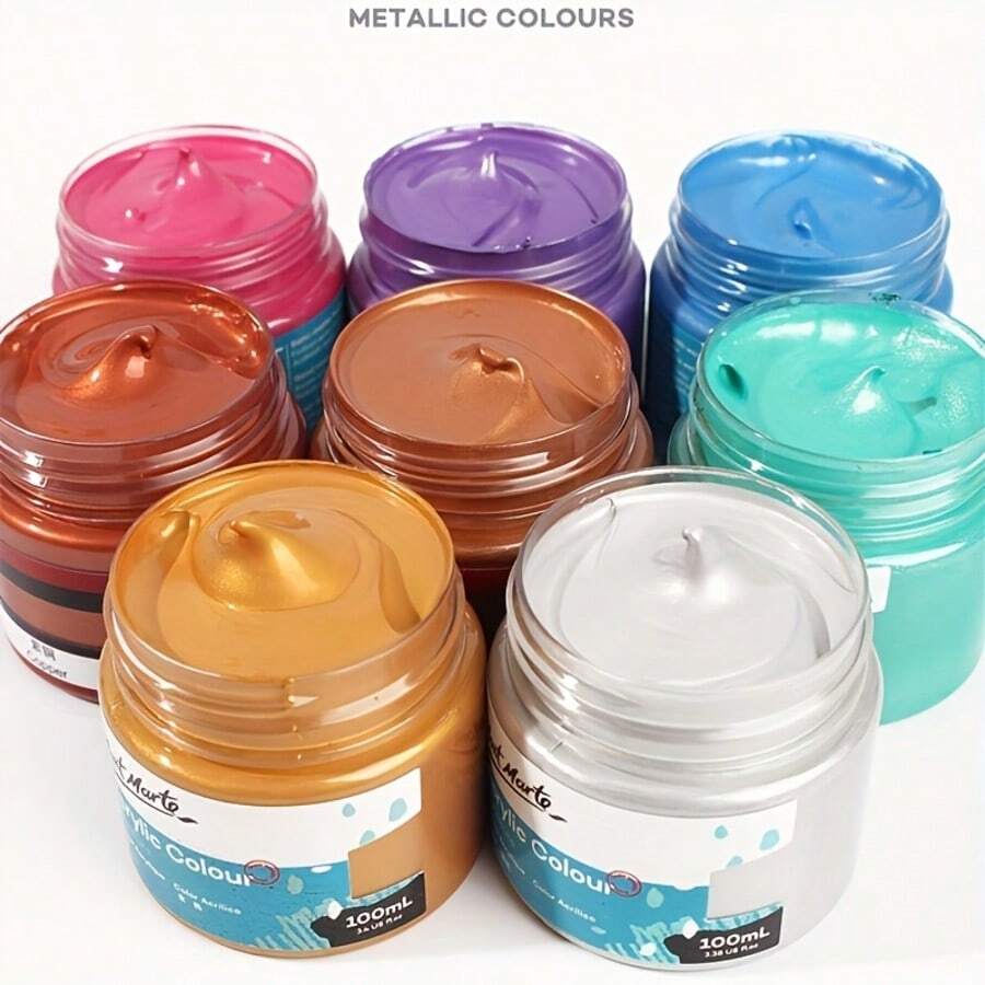 8 Colors Metallic Acrylic Paint, 100ml/3.38oz Bottle, Rich Pigment, Metallic Paint With Strong Color Depth - Suitable For Multiple Surfaces Without Fading, Ideal For Students, Painting Enthusiasts And Artists - Sets - View 1