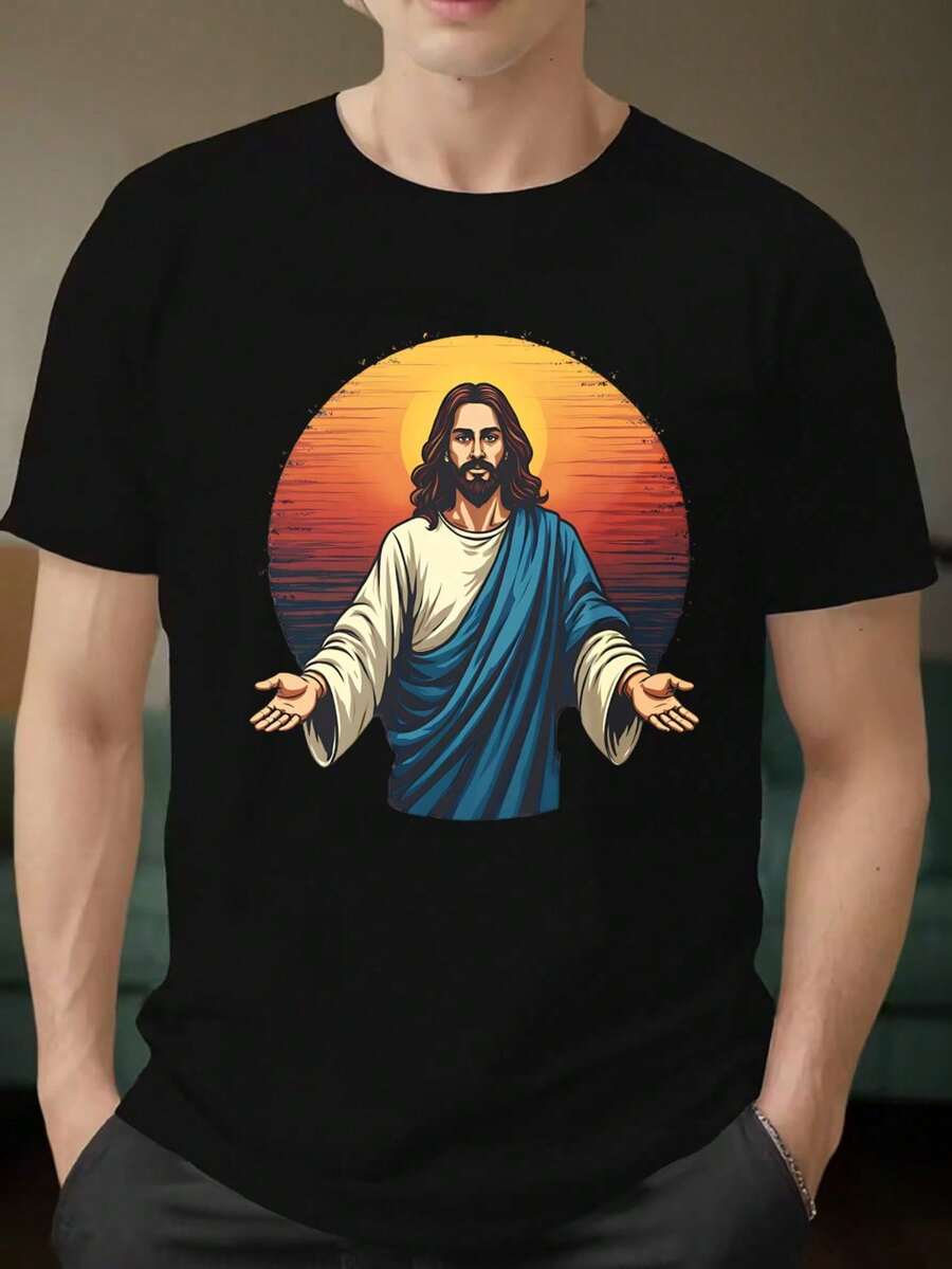 Black Short Sleeve T-Shirt With Sunset Jesus Print, Religious Design For Daily Wear And Spiritual Events - Black - View 1