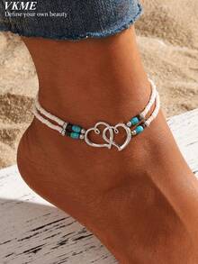 VKME 3pcs/Set Fresh Summer Double Heart-Shaped Seed Bead Multi-Layer Women's Casual Anklet - XH92822752 - View 2