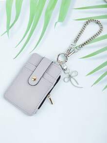 Faux Leather Card Wallet With Metal Wrist Chain, Multi Slot Snap Zipper Coin Purse, Mini Portable Key Pouch For Cards Cash Keys, Daily Accessory Gift - Multicolor - View 3