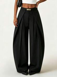 Beltless Solid Color Fabric Pleated Decor Casual Loose Avant-Garde Curved Leg Pants - Black - View 5