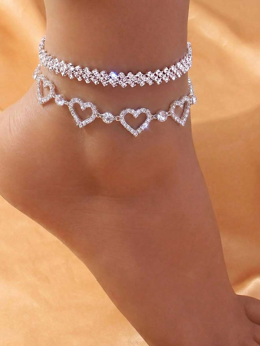 2pcs Double Heart Rhinestone Anklets Full Crystal Shiny Foot Jewelry Accessories - Silver - View 1
