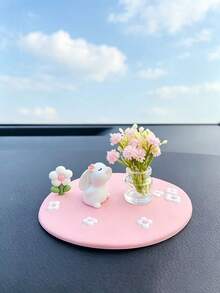 Cute Rabbit Car Dashboard Ornament, Realistic Mini Flower Vase Car Decor, Healing Style Car Interior Decoration For Women, Rabbit Flower Car Dashboard Ornament Set With Anti-Slip Pad, Girly Car Interior Dashboard Decor - Rabbit Anti-slip Mat - View 6