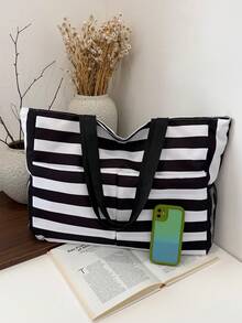 Bolso de lona de gran capacidad para mujer, bolso de hombro a rayas para ir al trabajo y hacer compras - Negro - Ver 4