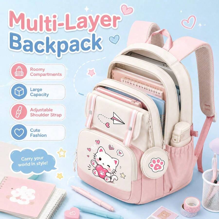 New Cat Casual Backpack, Unisex Outdoor Lightweight Backpack, Large Capacity Travel Backpack, For Teenager,Back To School Supplies Essentials - Multicolor - View 1