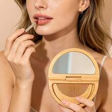 1pc Handmade Bamboo Crescent-Shaped Shaped Mirror, Portable And Compact, Suitable For Yoga, Meditation, Travel And Desktop Grooming, With Painted Decoration, Applicable For Office, Bag Decoration, Durable Bamboo Material - Apricot - View 1
