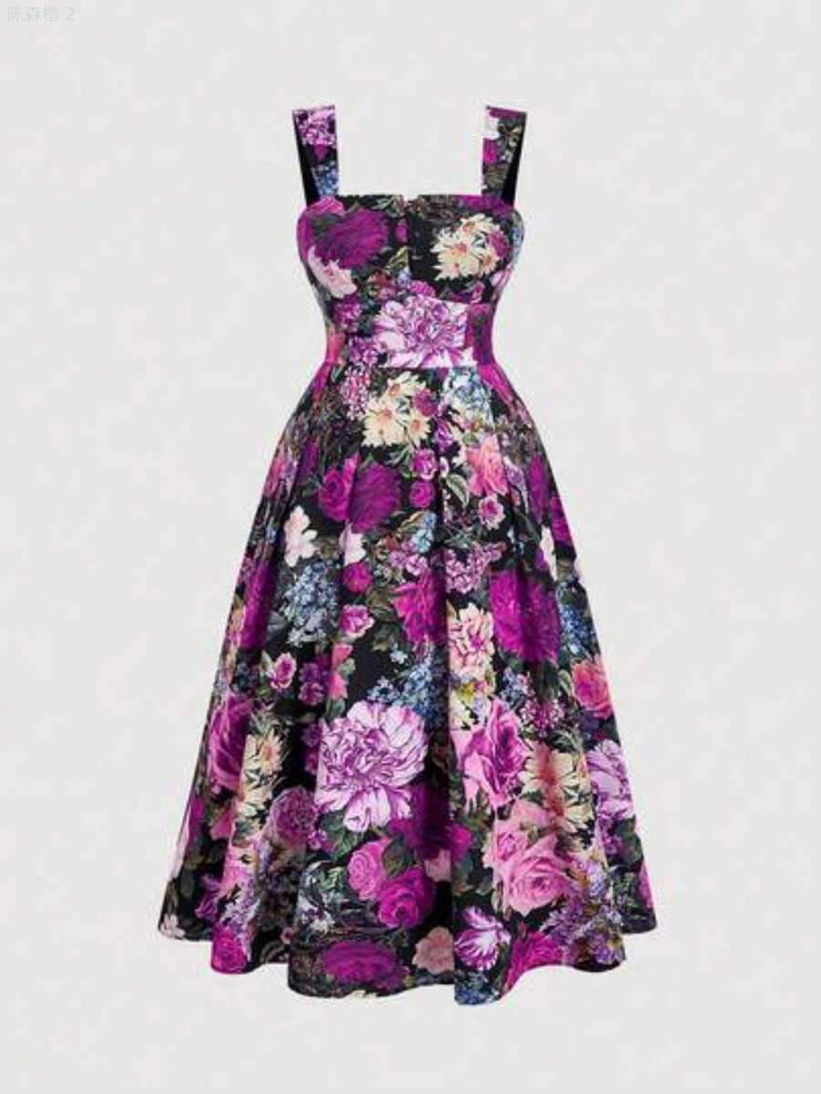 xuehuamaoyi02 MOD Vestido de talla grande, elegante y romántico, con estampado floral retro de verano - Morado - Ver 1