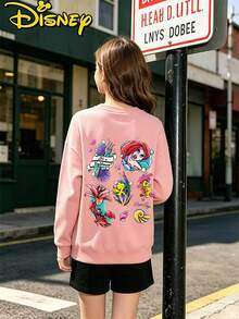 Teen Girl Clothes Disney Ariel Under Sea Seashell Print Loose Fit Crewneck Sweatshirt - 藕粉色 - 查看 3