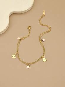 1pc Fashionable Minimalist Butterfly & Star Double Layer Stainless Steel Women's Beach Anklet, Anklet, Stainless Steel Jewelry, Gold Jewelry, Summer, Beach, Vacation Jewelry, Charm, Pride, Western Jewelry, Gift For Women, Gift, Birthday Gift - Multicolor - View 2