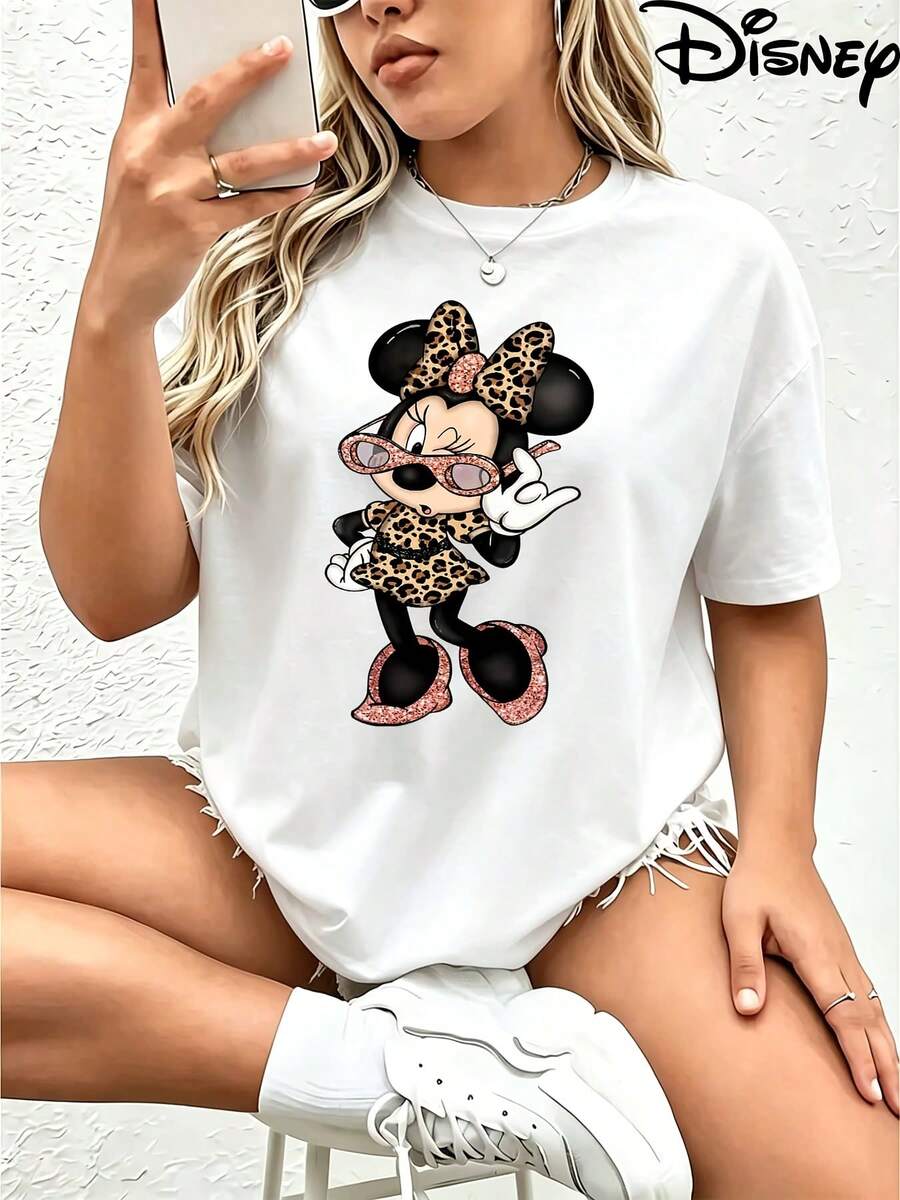 Disney Minnie Mouse Leopard Print Women's Plus Size Round Neck T-Shirt With Sunglasses And Glitter Shoes Casual Wear - 白色 - 查看 1
