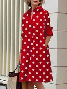 Simple Mid-Length Dress With Sleeves And A European And American Style Print. - 粉色 - 查看 2