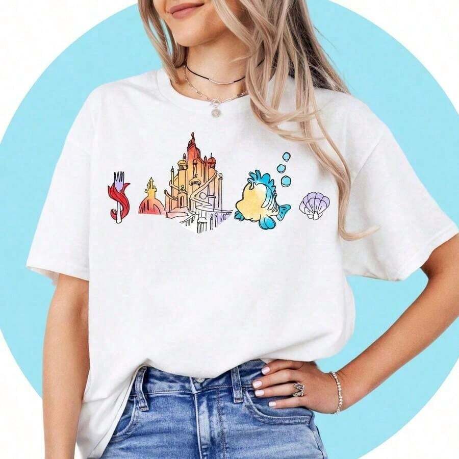 Oversized T-Shirt With Cartoon Fish Landscape Design, Short Sleeve, Round Neck, Japanese Kawaii Urban Fashion Streetwear Top, Daily Wear, Women's/Girl's Clothing - 白色 - 查看 1