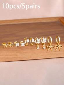 10PCS Gold Color Bowknot Hoop Earrings Sets For Women 18K Gold Plated Fashion Zirconia Flower Ear Stud Unique Korean Fashion Jewelry - 10PCS-gold - View 4