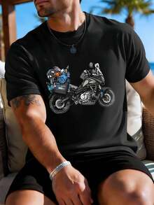 T-shirt graphique de motard aventurier, tissu de haute qualité, col rond, coupe confortable, style street hip-hop - Noir - Voir 1