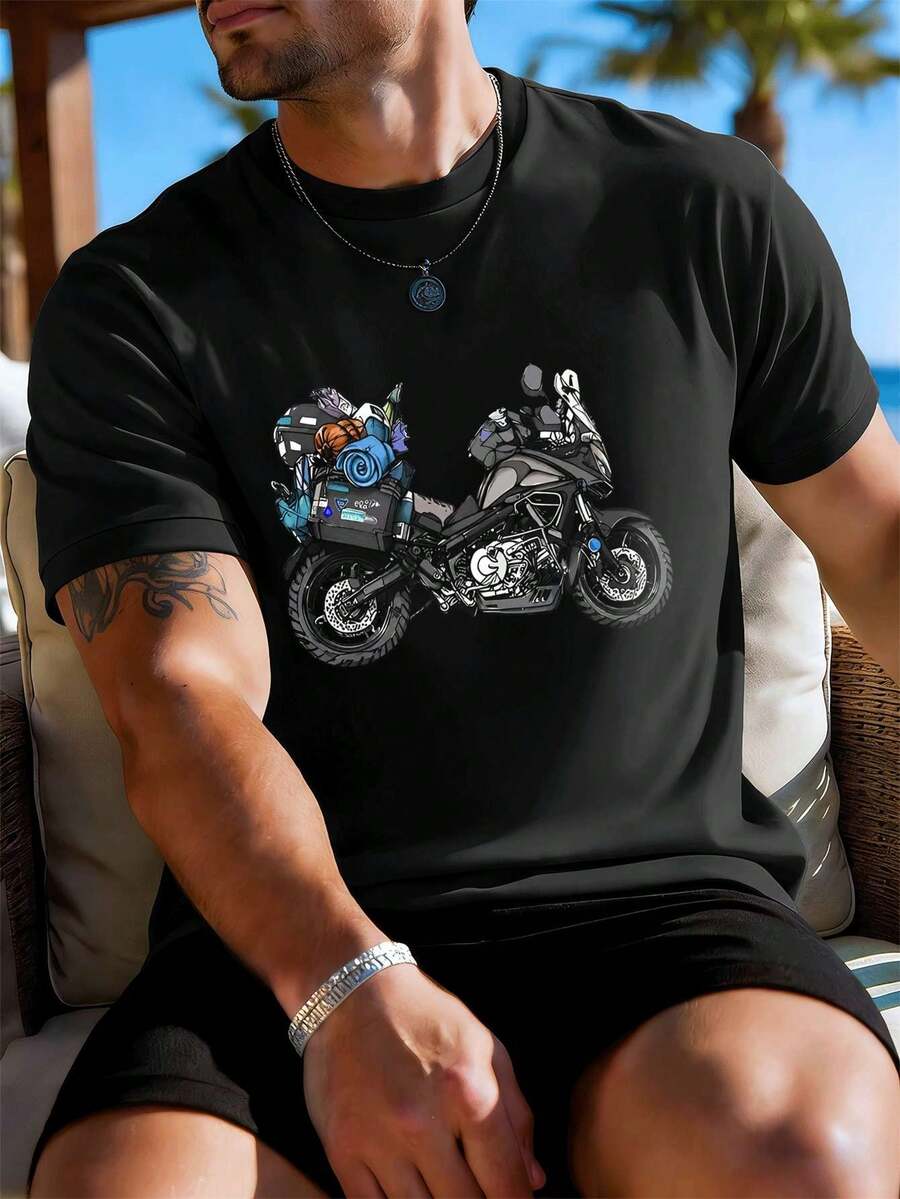 T-shirt graphique de motard aventurier, tissu de haute qualité, col rond, coupe confortable, style street hip-hop - Noir - Voir 1