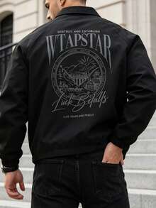 Men's Fashion Street Style Long Sleeve Turndown Collar Printed Solid Color Casual Jacket Outerwear, Autumn Winter, For Fall, Grunge - Black - View 4