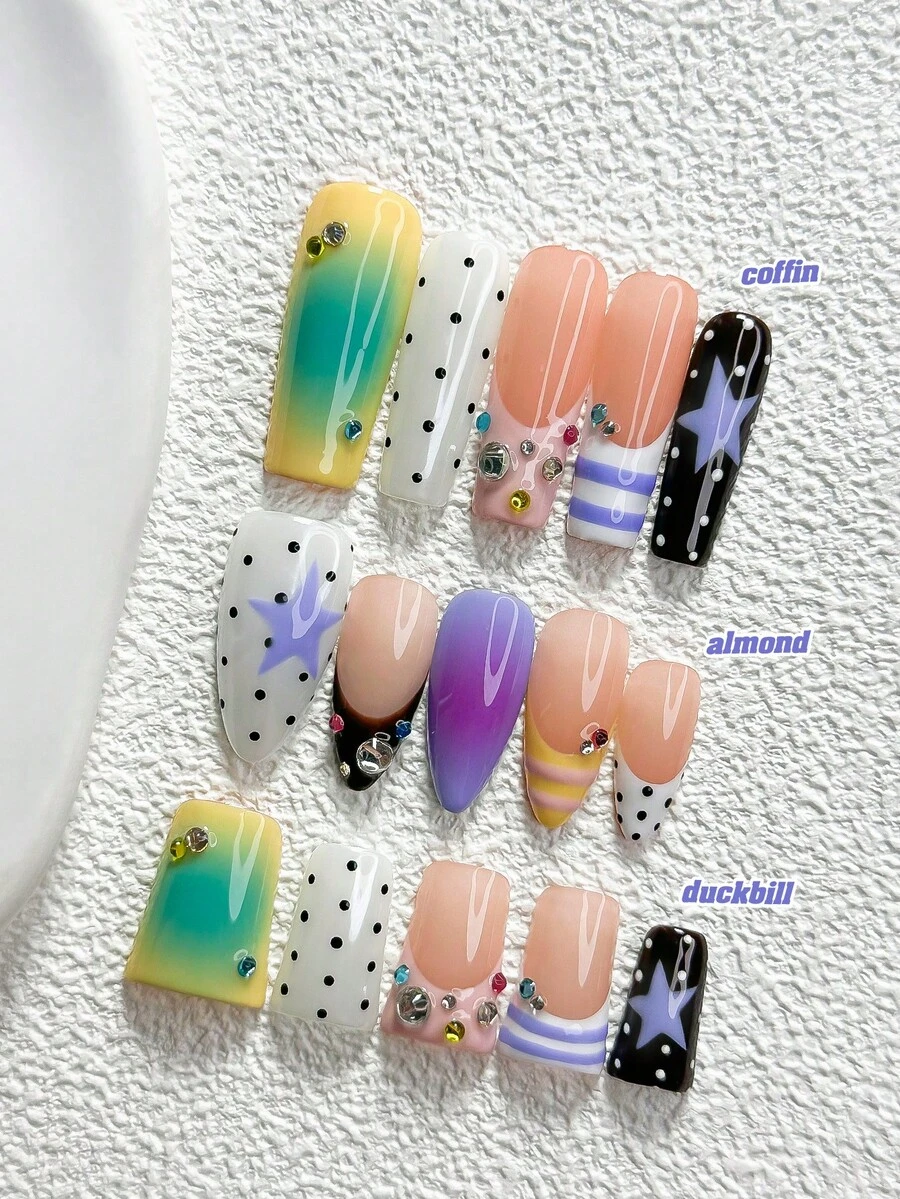 10pcs Y2K Style Handmade Press-On Nails, Polygel Nail Art Set, Star Polka Dot Stripe Color Block Design, Purple, Yellow And Brown, Minimalist Style, Includes Nail Tools, 3 Sizes Available, Almond/Duck/Coffin Shape, Suitable For Party, Dancing, Daily Wear - 彩色 - 查看 1