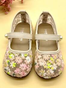2026春夏女童粉色網布刺繡花卉瑪麗珍鞋，珍珠魔鬼氈設計，田園公主風，軟底防滑平底鞋，花童派對禮服百搭鞋，3-12歲 - 彩色 - 查看 4